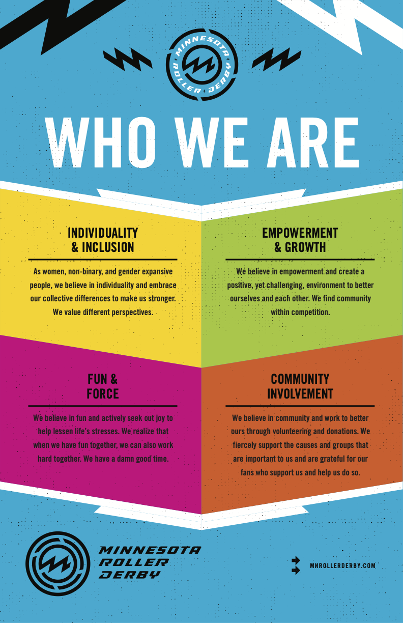 INDIVIDUALITY & INCLUSION As women, non-binary, and gender expansive people, we believe in individuality and embrace our collective differences to make us stronger. We value different perspectives. EMPOWERMENT & GROWTH We believe in empowerment and create a positive, yet challenging, environment to better ourselves and each other. We find community within competition. FUN & FORCE We believe in fun and actively seek out joy to help lessen life’s stresses. We realize that when we have fun together, we can also work hard together. We have a damn good time. COMMUNITY INVOLVEMENT We believe in community and work to better ours through volunteering and donations. We fiercely support the causes and groups that are important to us and are grateful for our fans who support us and help us do so.