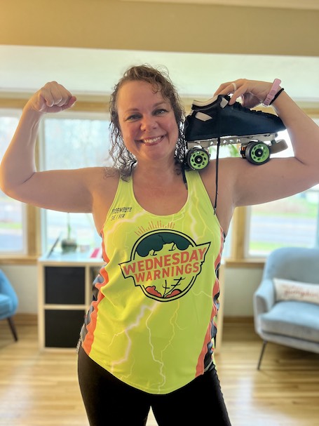 Lady Boomtown flexing her skate muscles before a bout. Photo taken by Sir Boomtown